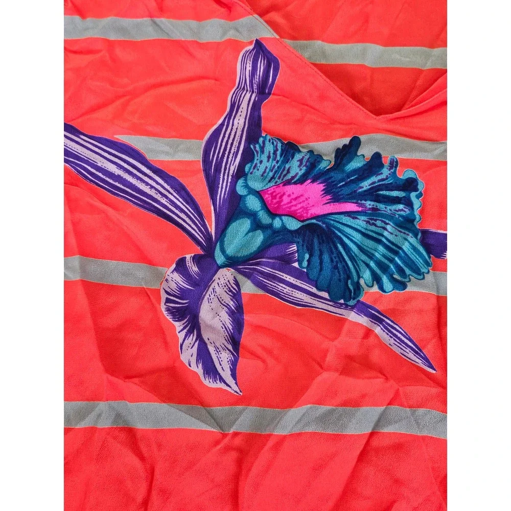 RARE VTG Irka 100% Silk 2 Piece Skirt‎ Set Coral Pink Blue Orchid Floral Stripe
